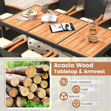 HAPPYGRILL 9 Pieces Outdoor Dining Set for 8, Patio Conversation Set with Acacia Wood Tabletop, Umbrella Hole, Washable Seat Cushions, Rattan Dining Table & Chair Set for Garden Yard Poolside HAPPYGRILL