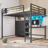 DICTAC Full Loft Bed with L-Shaped Desk and 7 Storage Drawers,Metal Full Size Loft Bed for Teen with LED Lights and Charging Station,13.11" H Safety Guardrail and Ladder,No Box Spring Needed, Black DICTAC