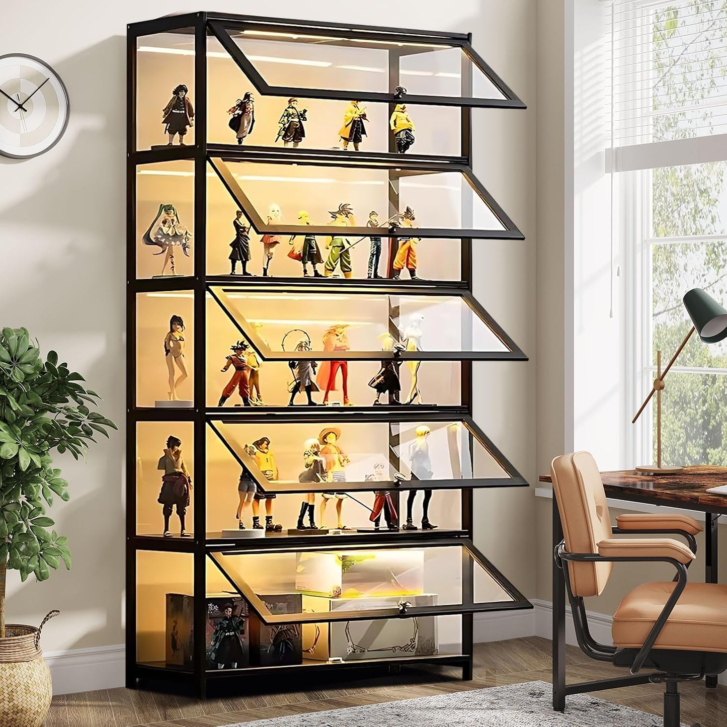 HAOWANJP 5-Tier Curio Display Cabinet, Storage Shelves with Acrylic Door, Collectibles Toy Organizers Rack & Display Shelf, Kids Bookshelf and Bookcase for Playroom, Bedroom (Black-1)