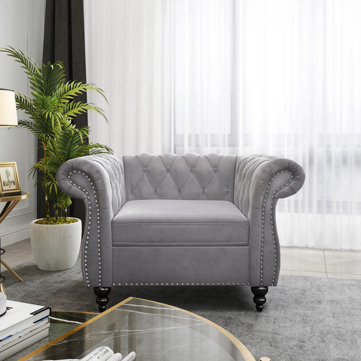 3 Piece Living Room Set, Velvet Chesterfield Sofa Loveseat Couch Chair with Scroll Arms and Nailhead for Living Room, Office (Grey) ORRD