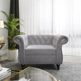 3 Piece Living Room Set, Velvet Chesterfield Sofa Loveseat Couch Chair with Scroll Arms and Nailhead for Living Room, Office (Grey) ORRD