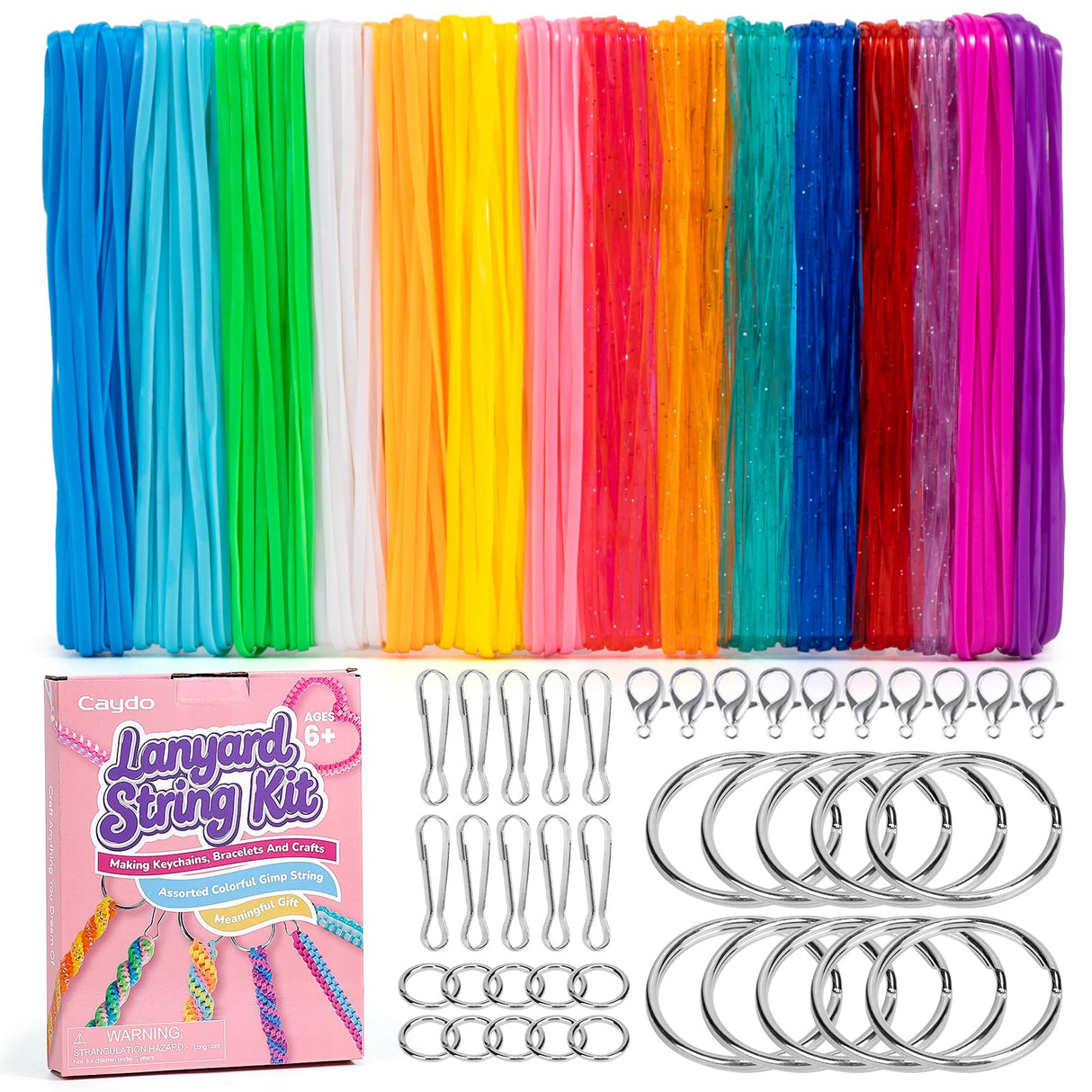 Caydo Plastic Lanyard String Kit, 15 Colors 2 Style Plastic String, Boondoggle String Kits with 40Pcs Key Chain Accessories and Instruction, Gimp String for Crafts, Keychain, Bracelet, Jewelry Caydo