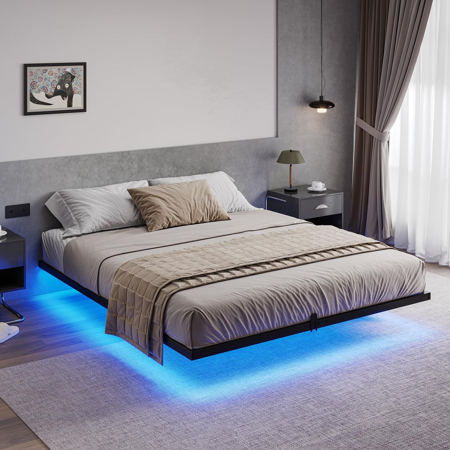 Hasuit Modern Floating Metal Queen Bed Frame with LED Lights - No Box Spring Required - WoodArtSupply