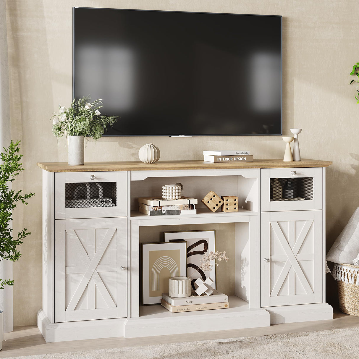 Maupvit Modern Farmhouse TV Stand for 65 Inch TV, Entertainment Center with Storage Cabinets and Adjustable Shelves, Wood TV Media Console Storage Table and Media Furniture for Living Room, Milk White Maupvit