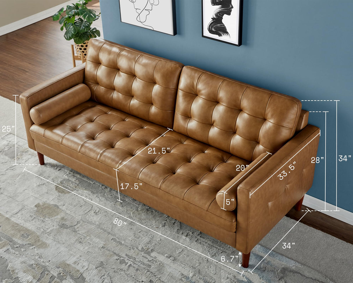 AMERLIFE Leather Sofa, Mid-Century Modern Genuine Leather Sofa, 3 Seater Comfy Couch for Living Room Home Office -Brown Leather Sofa Couch AMERLIFE