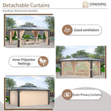 oneinmil 12x16FT Outdoor Polycarbonate Gazebo, Heavy Duty Double Roof Hardtop Gazebo with Aluminum Frame and Netting and Curtains for Patios oneinmil