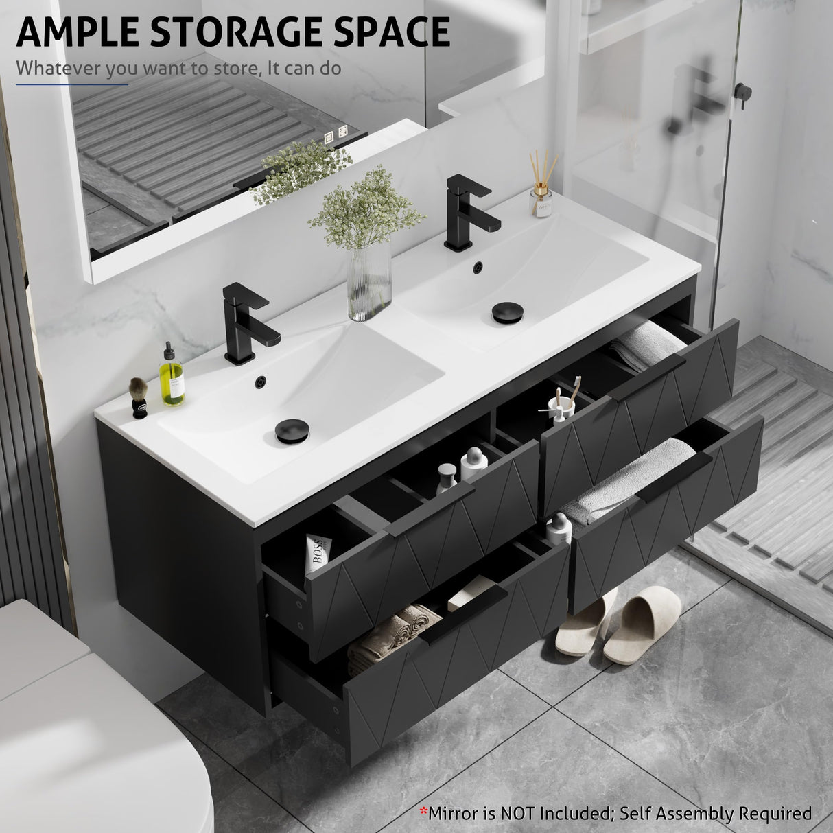 eclife 48" Bathroom Vanities Cabinet with Sink Combo, Wall Mounted Floating Cabinet W/Decor Line, Soft-Close System, 4 Extra Big Drawers, Matte Black Faucet, Black eclife