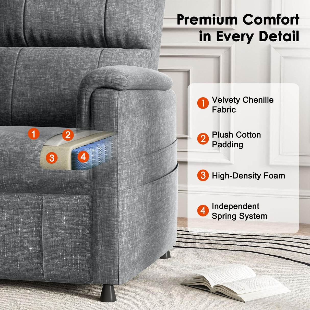 Power Recliner Chair for Adults, Adjustable Modern Chenille Reclining Chair with Side Pockets, Remote, Footrest, Thick Seat Cushion for Home Theater, Living Room & Bedroom, RV (Light Grey) AMADA HOMEFURNISHING