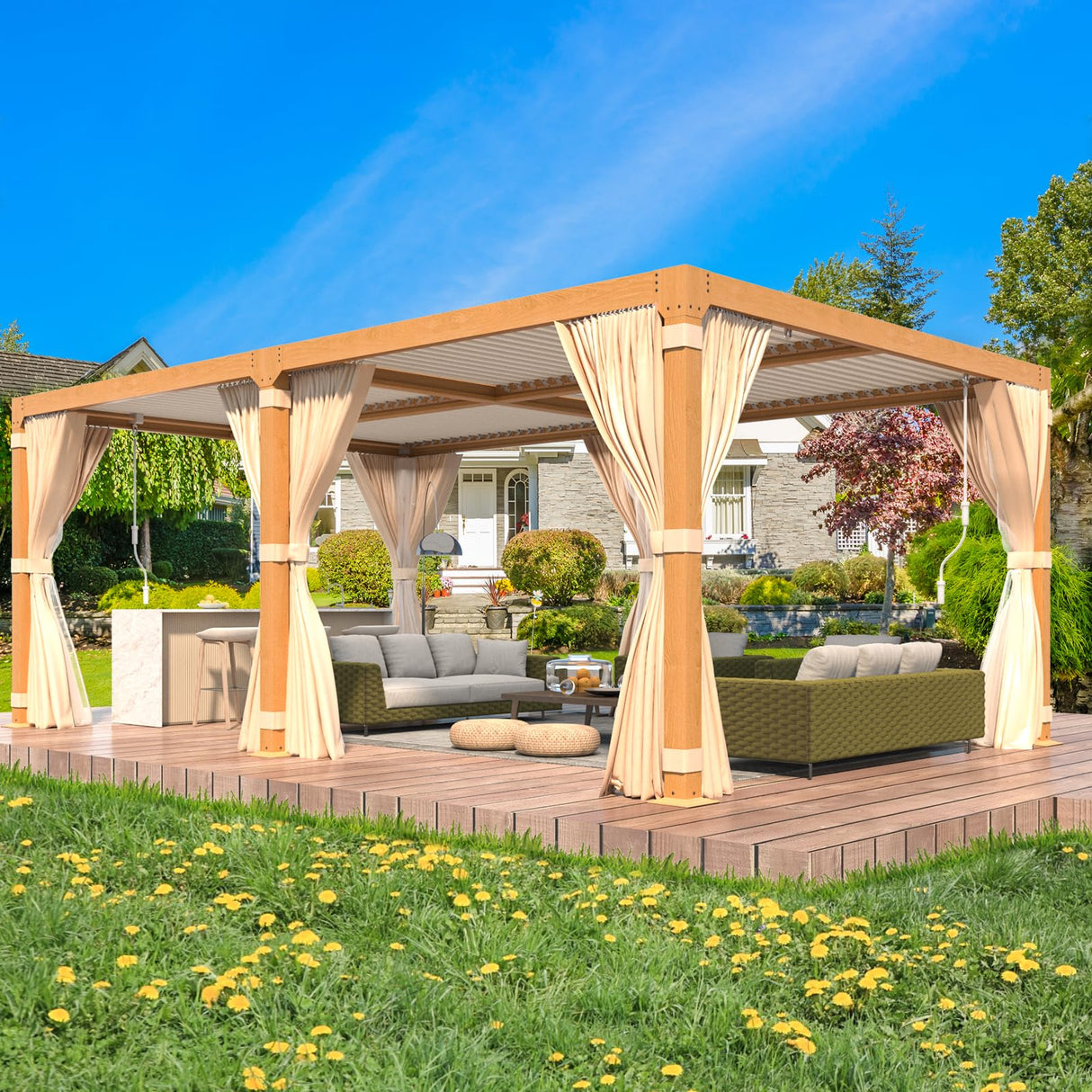MELLCOM Louvered Pergola 12x20, Aluminum Pergola with Adjustable Louvered Roof, Wood Grain Outdoor Pergola with Waterproof Curtains and Nets MELLCOM