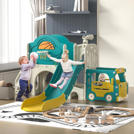 NYEEKOY 9-in-1 Toddler Slide, Bus-Themed Baby Slide and Climber Playset with Basketball Hoop, Ring-Toss, Car Playhouse, Kids Indoor and Outdoor Playground Nyeekoy