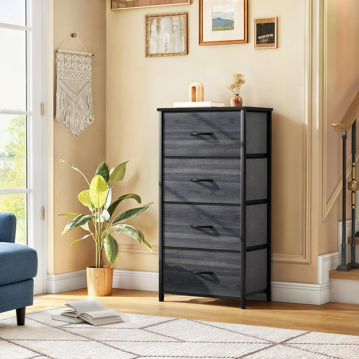 DWVO 4 Drawers Dresser, Dresser for Bedroom, Fabric Storage Tower, Chest of Drawers, Organizer Unit for Closets, Living Room, Sturdy Steel Frame, Wooden Top, Easy Pull Fabric Bins DWVO