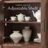 RowyPoey Rattan Arched Cabinet Bookshelf - 69.3” Tall Mid Century Display Cabinet, Rounded Bookcase with Rattan Doors, Open Shelf Storage for Dining Room (Walnut, 1 PC) RowyPoey