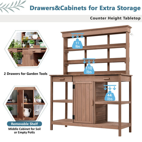 66" Large Outdoor Farmhouse Wooden Potting Bench Table, Garden Workstation with 2 Drawers, Cabinet and Open Shelves for Backyard, Mudroom (Brown/Outdoor#) - WoodArtSupply