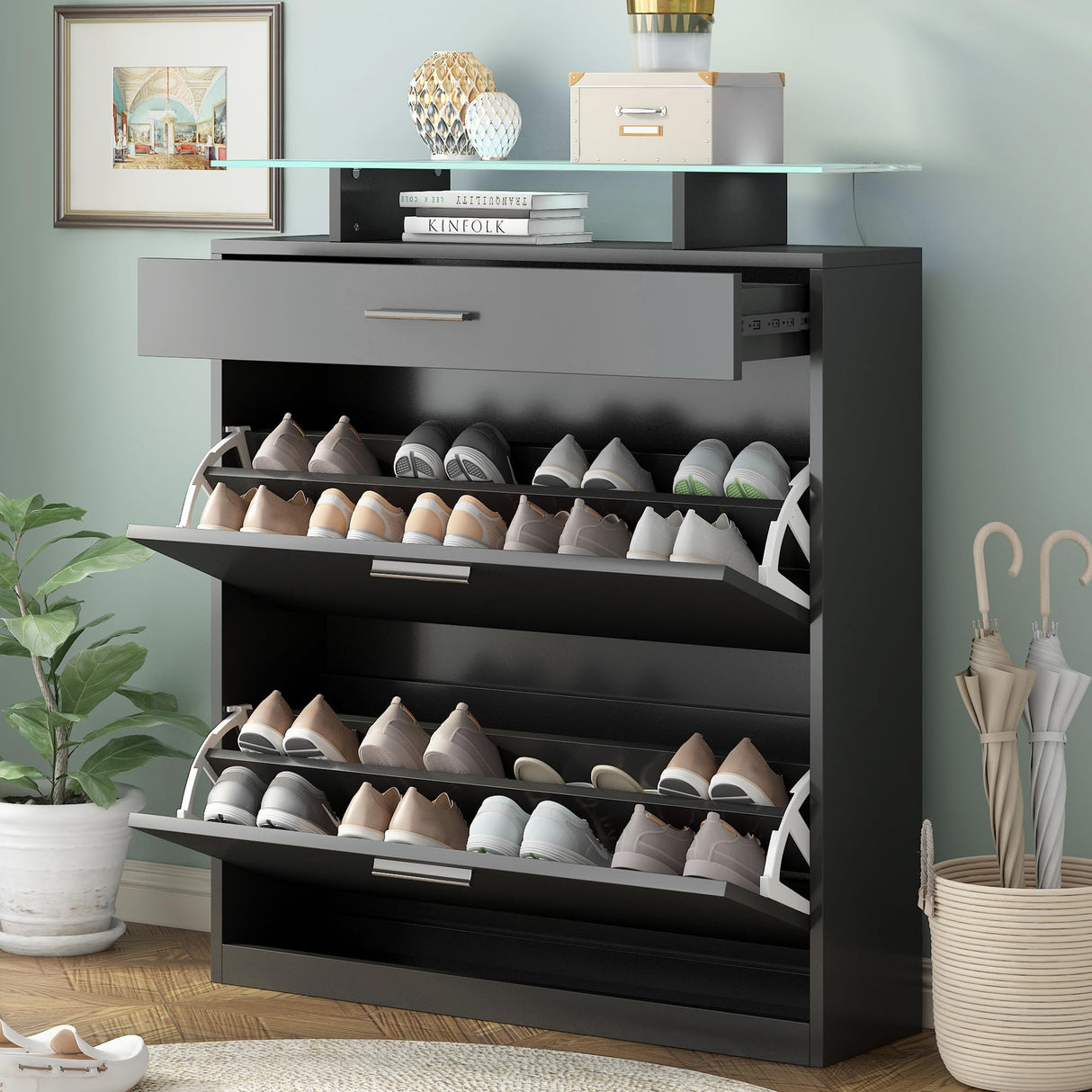 Harper & Bright Designs Slim Entryway Organizer with 2 Flip Drawers, Tempered Glass Top Shoe Storage Cabinet with Drawer, Free Standing Shoe Rack with LED Light for Hallway, Black Harper & Bright Designs