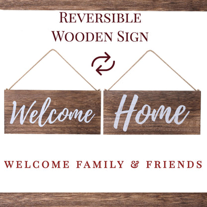 ALBEN Wooden Hanging Welcome Sign – Reversible Message 12" x 6" Rectangular Farmhouse Outdoor/Indoor Décor – Rustic Sign for Porch or Front Door Natural Wood Grain (Brown)