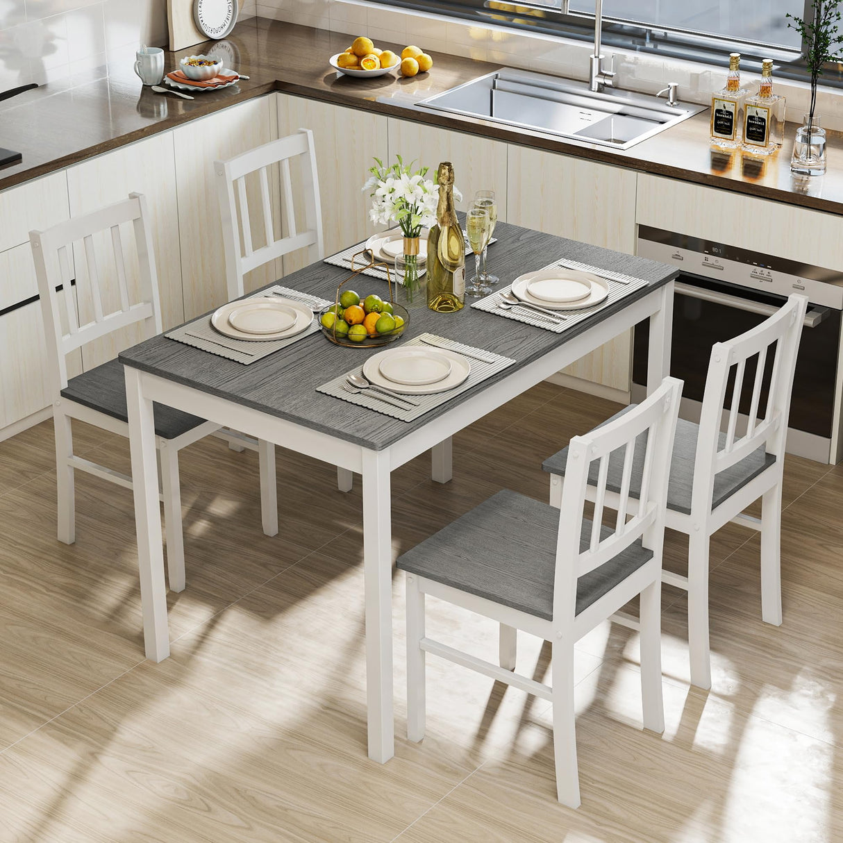 Buytime 5-Piece Dining Table Set for 4, Solid Wood Farmhouse Rectangular Kitchen Table Set with 4 Chairs, Space-Saving Wooden Dinette Set for Small Space, Dining Room, Breakfast Nook, Grey & White Buytime