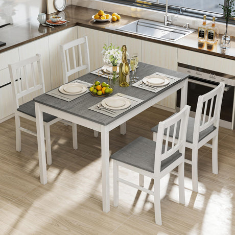 Buytime 5-Piece Dining Table Set for 4, Solid Wood Farmhouse Rectangular Kitchen Table Set with 4 Chairs, Space-Saving Wooden Dinette Set for Small Space, Dining Room, Breakfast Nook, Grey & White Buytime