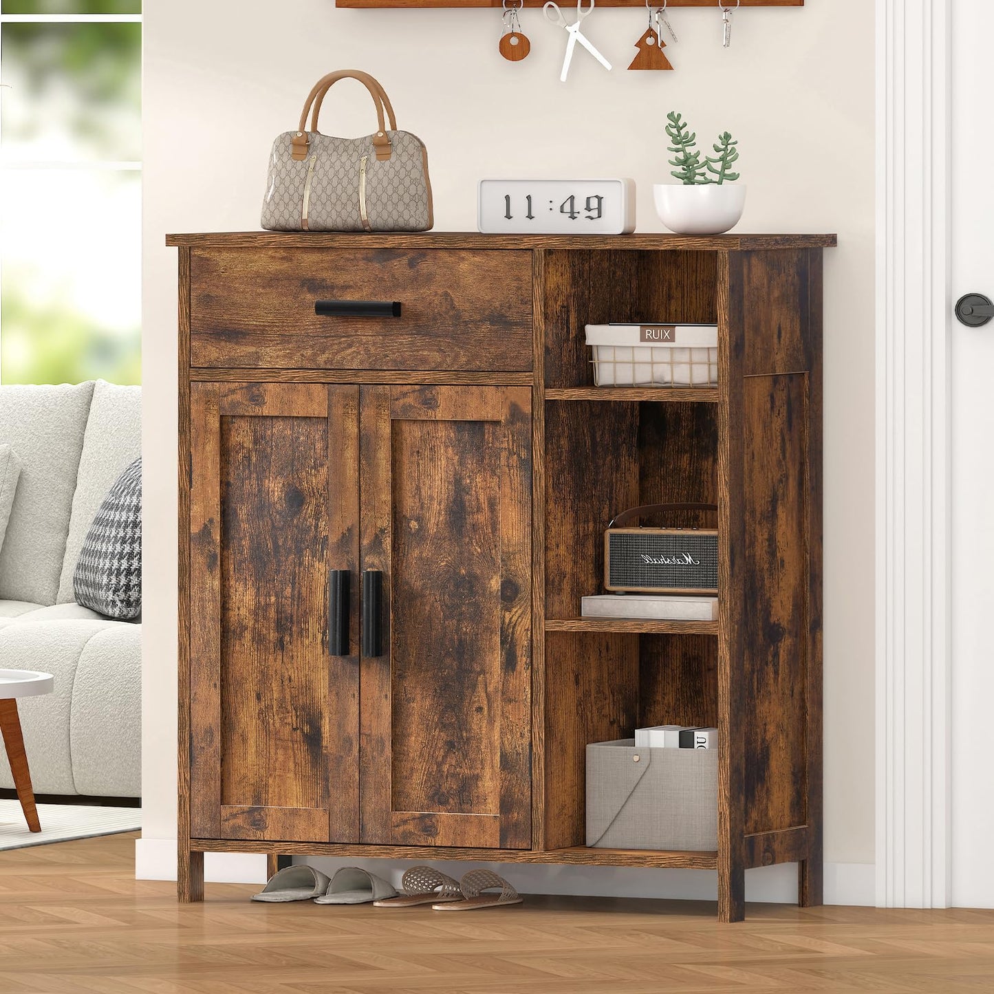 FIONESO Storage Cabinet, Floor Cabinet Wooden Storage Organizer with Drawer, Coffee Bar Cabinet with 2 Doors and 3 Shelves, Freestanding Cupboard for Entryway/Living Room/Bathroom, Rustic Brown