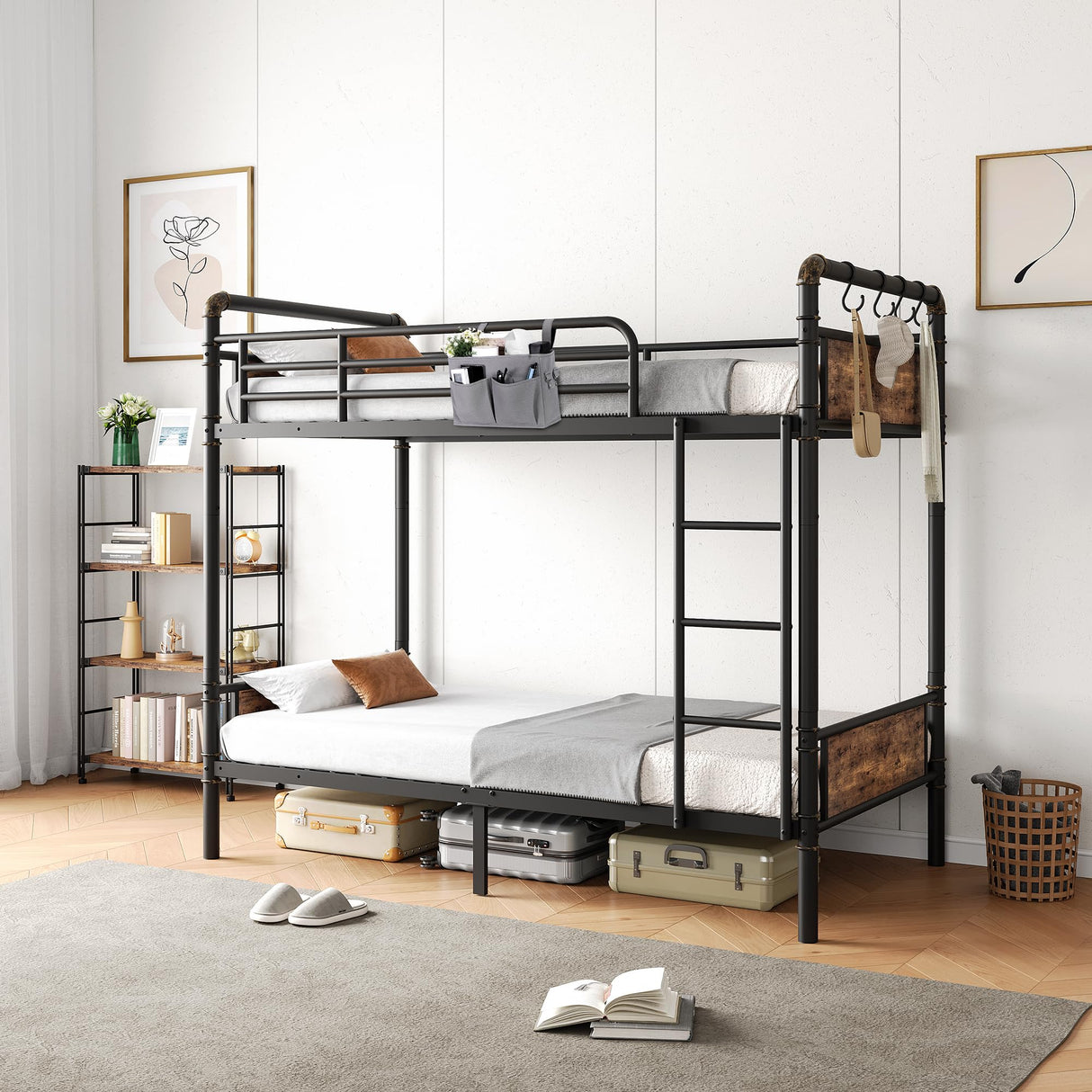 Bunk Bed Twin Over Twin, Heavy Duty Metal Bunkbeds with Ladder and Full-Length Guardrail, Convertible into 2 Individual Beds for Kids, Teens and Adults, Under-Bed Storage Space, Vintage Brown Jocoevol
