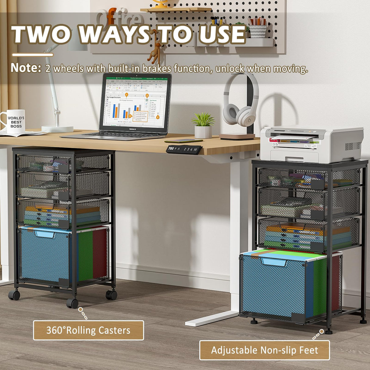 Rolling File Cart with 4 Storage Drawers, Filing Cabinet for Home Office, Hanging File Folder Organizer with Wheels Under Desk, Utility Craft Cart Printer Stand, Black, Patent Pending Sbanmao