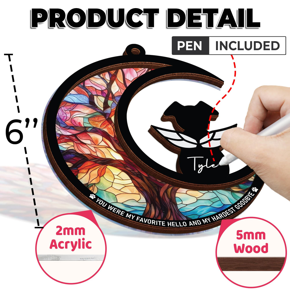 6" Dog Angel Memorial Suncatcher, Engraved Pet Memorial Ornament, Pet Sympathy Keychain, Loss of Animal Sympathy Card, Rainbow Bridge Dog Loss Gift, My Favorite Hello Hardest Goodbye PS190 vinatimes