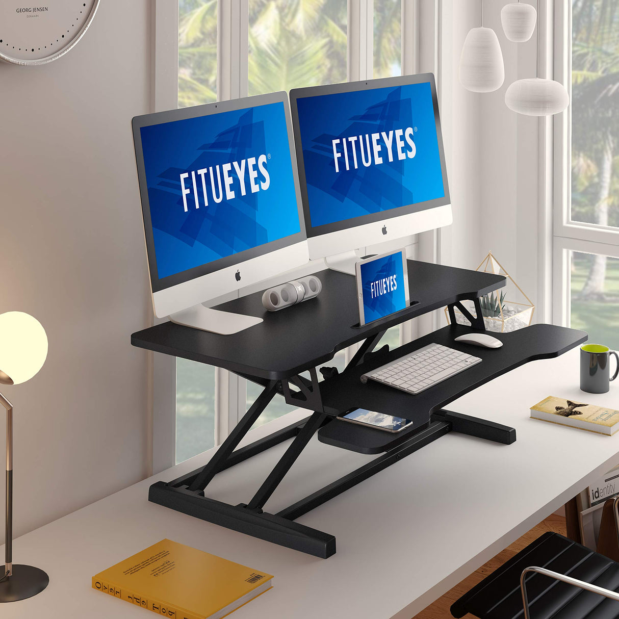 FITUEYES Height Adjustable Standing Desk 36” Wide Sit to Stand Converter Stand Up Desk Tabletop Workstation for Laptops Dual Monitor Riser Black SD309101WB FITUEYES