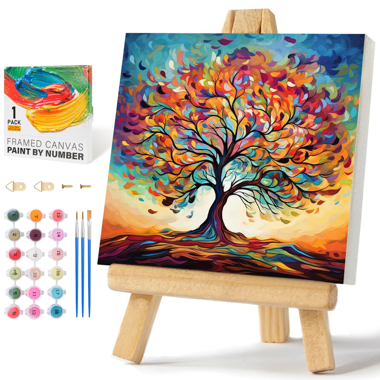 Framed Paint by Numbers Kit for Adults Beginners & Kids Ages 8-12, Tree of Life Acrylic Easy Paint by Number with Frame, Watercolor Paint by Number Kits on Canvas Framed (10 * 10 Inch, Without Easel) Offito