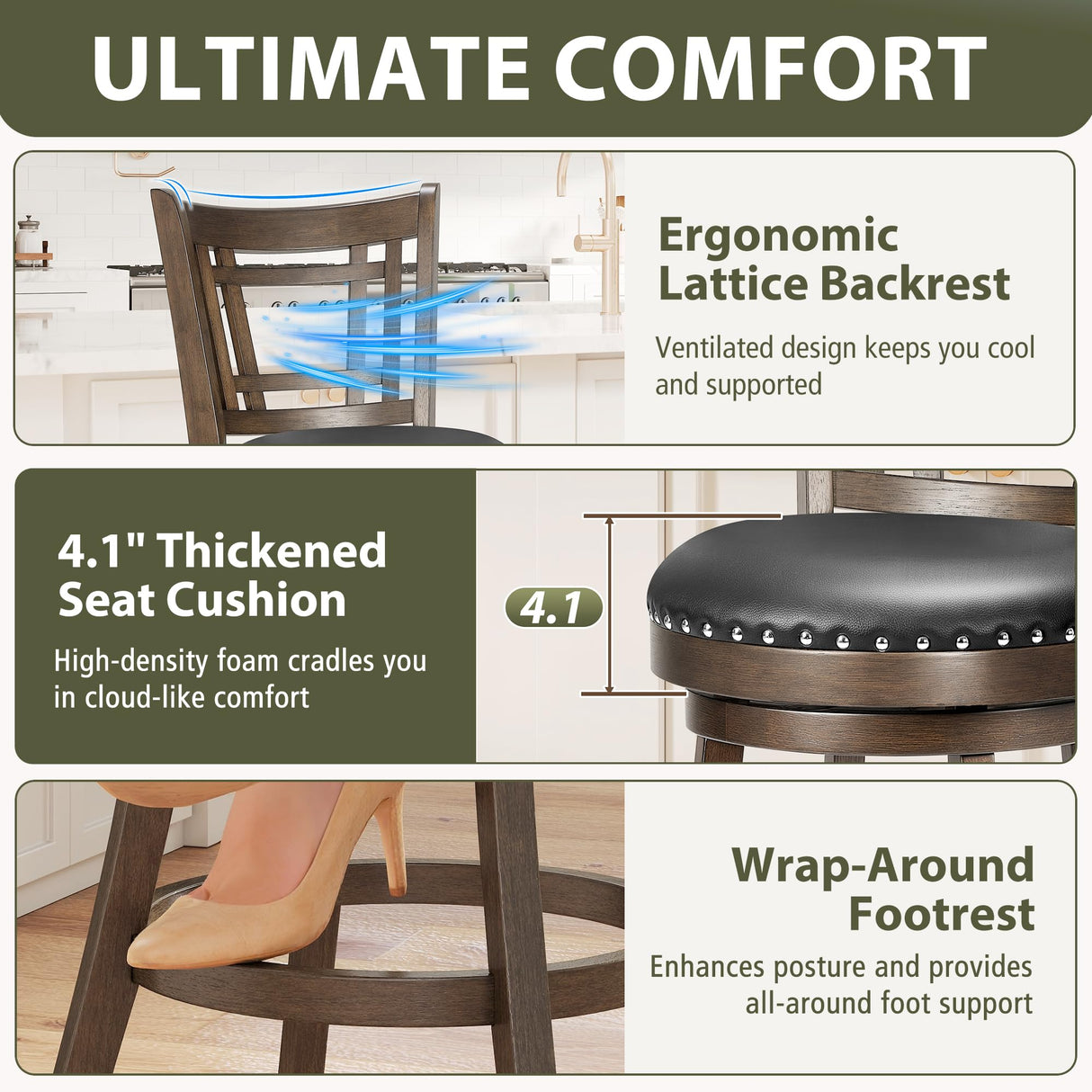 PrimeZone Swivel Bar Stools Set of 4-26" Counter Height Barstools with Backs, Faux Leather Bar Stool with Solid Wood Footrest & Nailhead Trim, Modern Counter Stools for Kitchen Island & Pub, Black PrimeZone