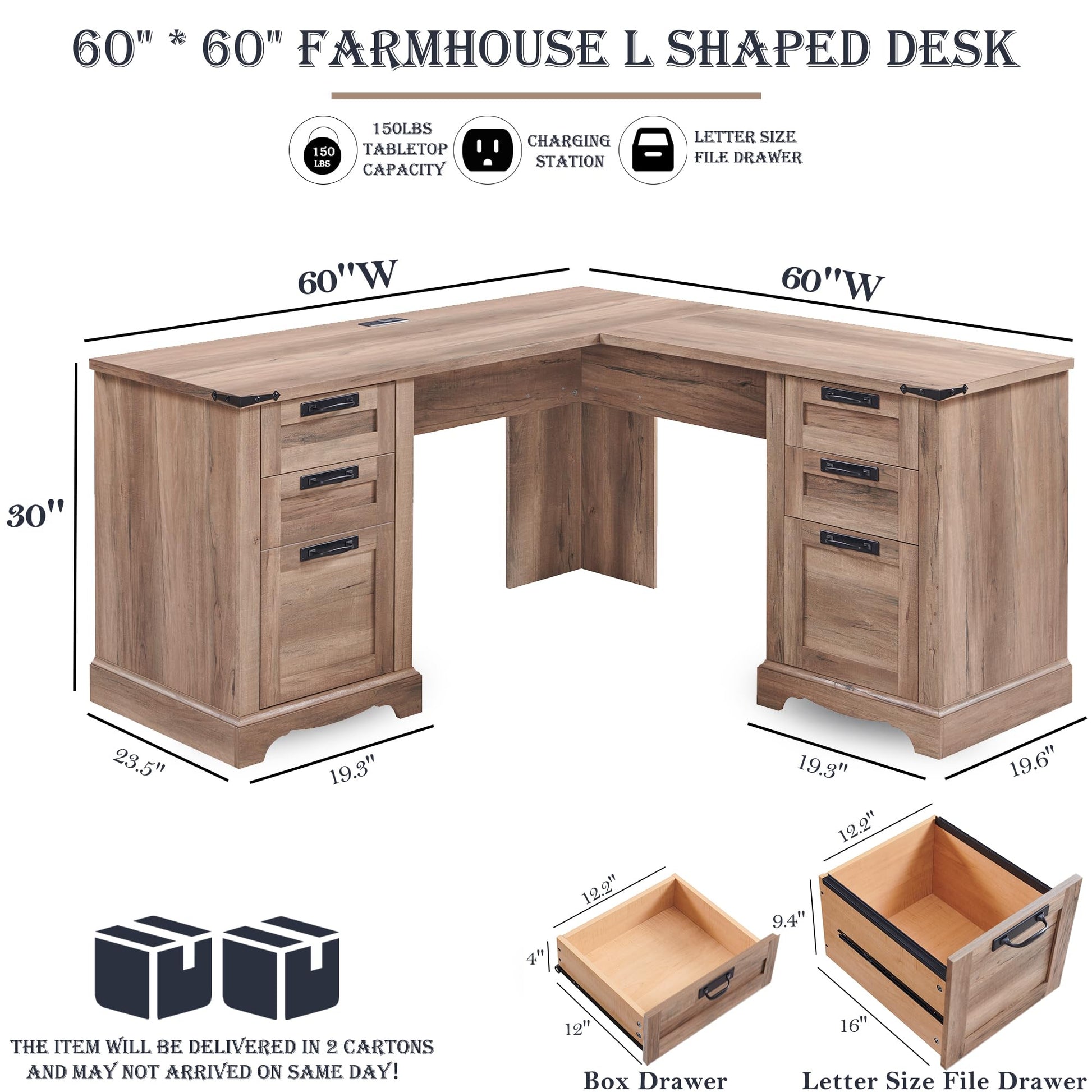 RedLemon 60" Farmhouse L Shaped Executive Desk with Drawers, Wood Home Office Corner Desk with Charging Station, File Drawer, Storage Cabinet, Rustic Computer Writing Desk (Natural Oak) - WoodArtSupply