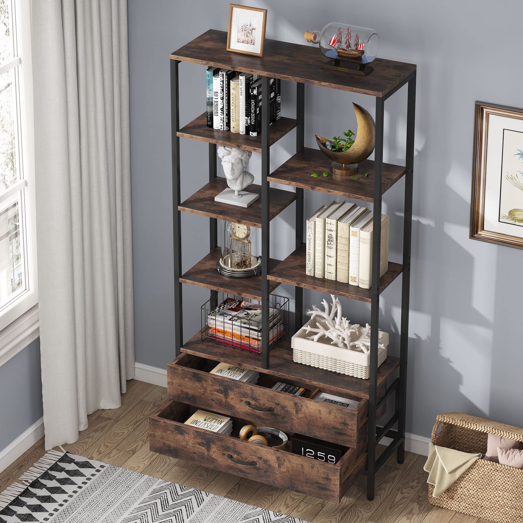 Modern Tall 5-Tier Bookshelf with Drawers by Tribesigns - Brown & Black Etagere Display Rack - WoodArtSupply