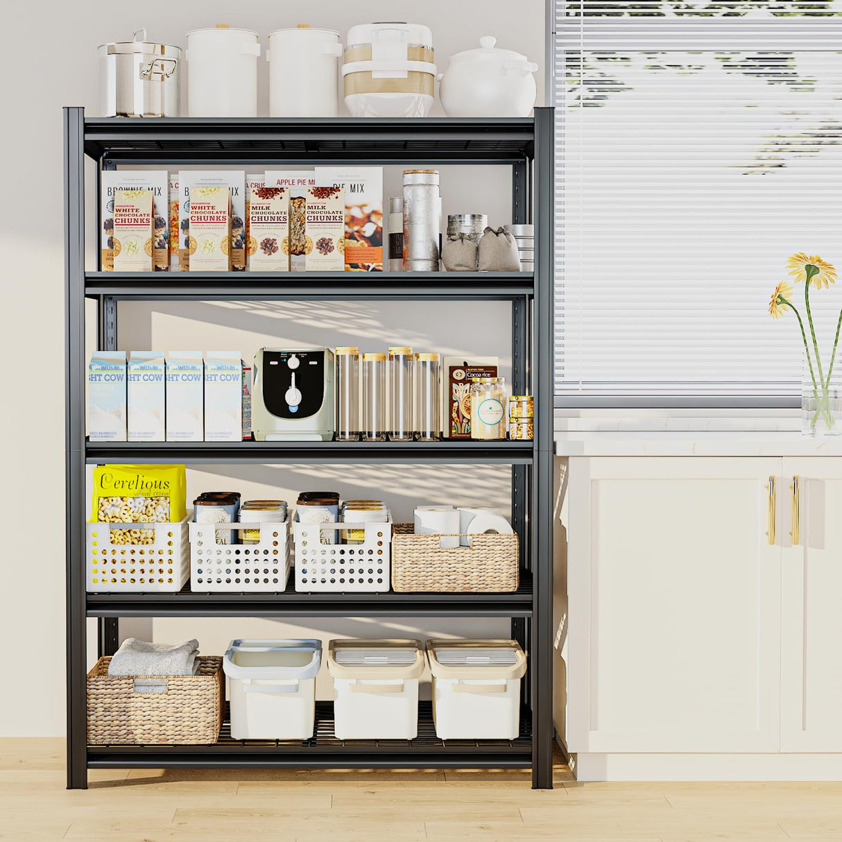 SYLOUGH 55.12" W Father&I 5-Shelf Industrial Adjustable Heavy-Dudy Tall Metal Garage Storage Shelves Shelving Units/Steel Wire Rack System (Commercial) for Basement/Shop, 84" H*55.12" W*24" D*, Black SYLOUGH