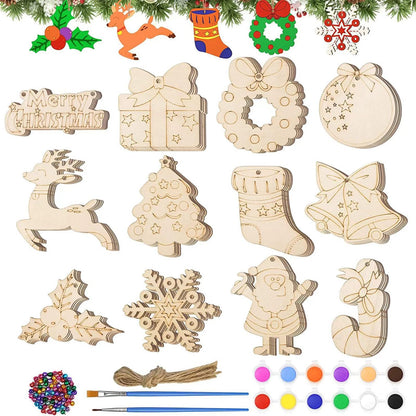 YUANDJO 60PCS Christmas Crafts for Kids, Wooden Christmas Ornaments Unfinished Wood Slices with 12 Styles, DIY Christmas Ornaments Painting Kit for Kids Decoration Tree (Christmas 60 Pcs)