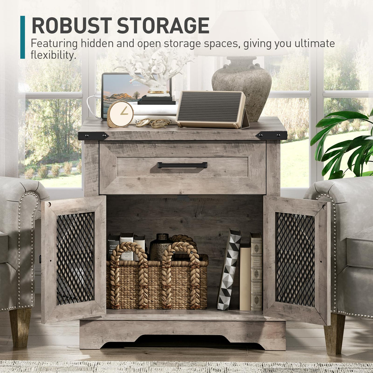 RALGEND Farmhouse End Table with Charging Station, 24" Large Sofa Side Table with Drawer, Large End Table for Living Room, Wooden Nightstand with Outlet, Square, Greige RALGEND