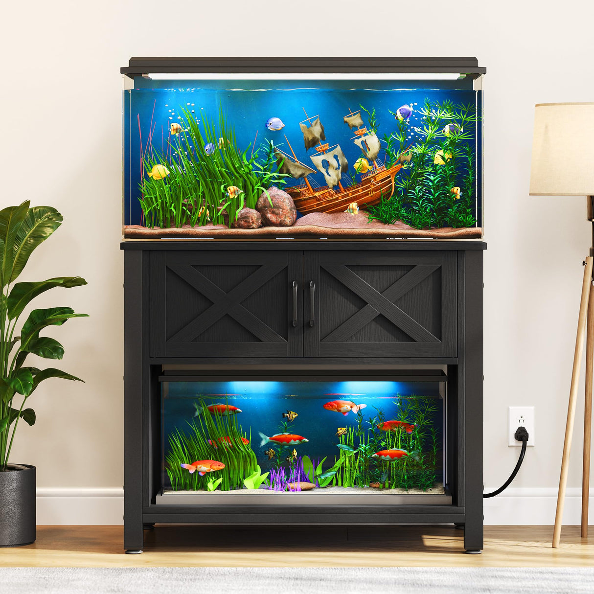 DWVO Heavy Duty Metal Aquarium Stand with Power Outlets, Cabinet for Fish Tank Accessories Storage - Suitable for 40-50 Gallon Fish Tank Stand, Turtle Tank, Reptile Terrarium, 660LBS Capacity, Black DWVO