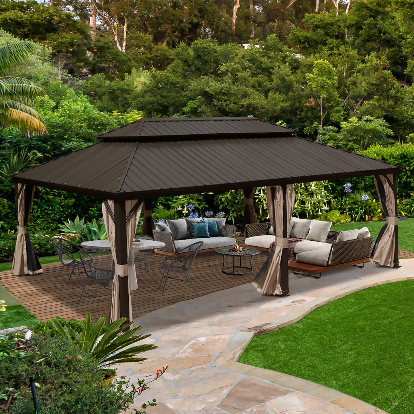 Domi Hardtop Gazebo 14x24FT, Outdoor Gazebo with Galvanized Steel Double Roof, Aluminum Frame, Built-in Gutter System, Curtain and Netting, Metal Gazebo Pavilion for Patio Deck Garden, Brown - WoodArtSupply