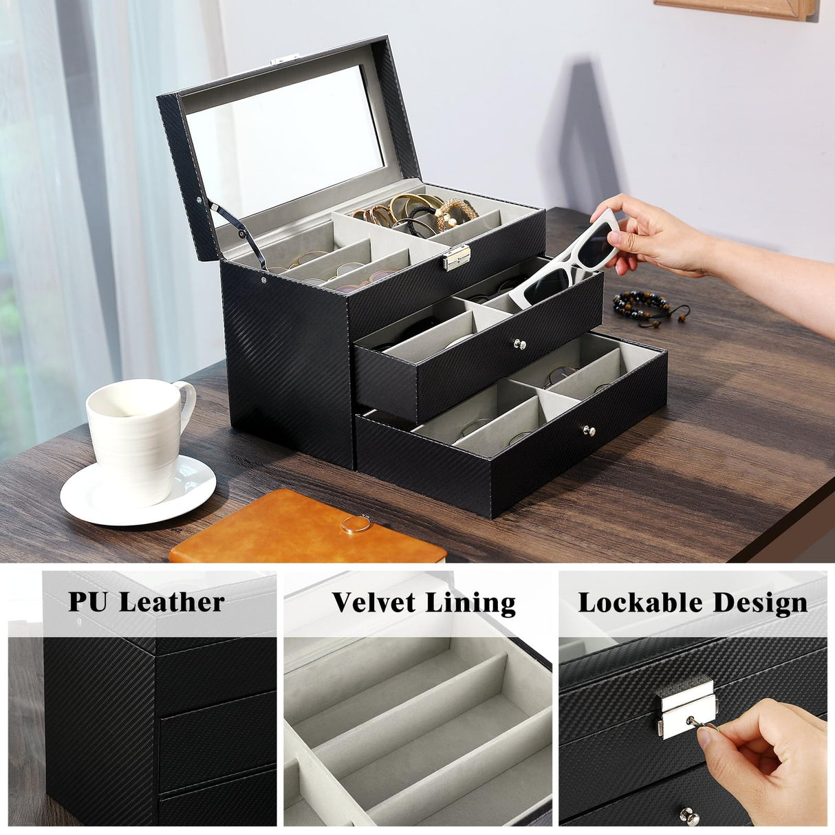 MoKo Sunglasses Organizer with 18 Slots, 3-Layer Leather Sunglass Display Collection Holder Case with Drawer Clear Glass Lid, Lockable Eyeglass Glass Jewelry Watch Storage Box for Women Men, Black MoKo