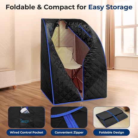 SereneLife Portable Sauna for Home, Infrared Sauna Tent with Heated Foot Pad and Folding Chair, Compact Personal Detox Sauna, Remote Control In-Home Spa, 40" x 33" - inch (Black) SereneLife