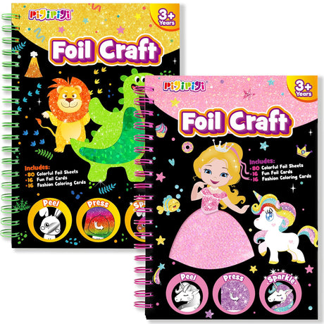 pigipigi Art Craft Activity for Kids: Fun Foil Princess & Dinosaur DIY Toy Kit, No Mess Creative Travel Supply Set, Idea Gift for Girl Boy Children 3 4 5 6 7 8 9 Year Old pigipigi