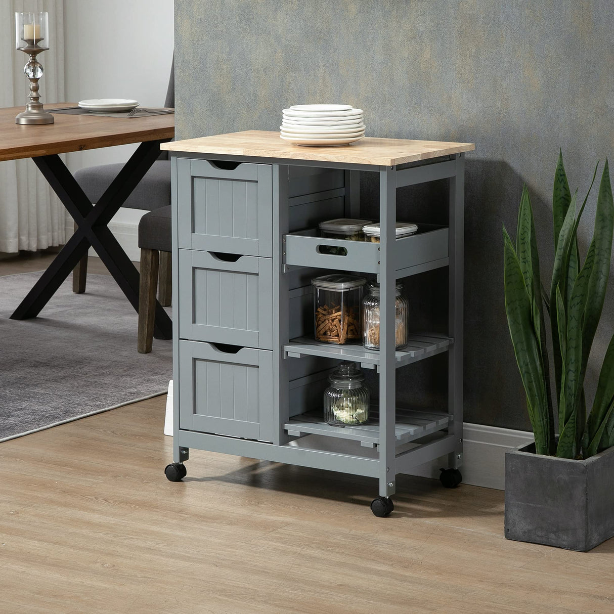 HOMCOM Rolling Kitchen Island Cart, Bar Serving Cart, Compact Trolley on Wheels with Wood Top, Shelves & Drawers for Home Dining Area, Grey HOMCOM