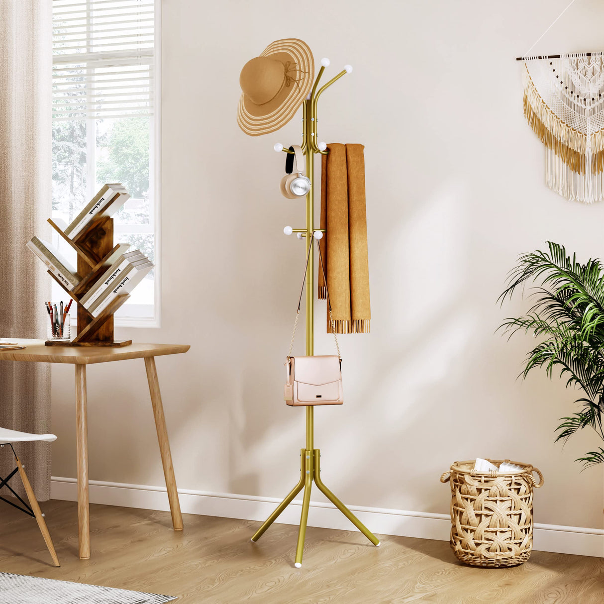 Hoctieon 4 Tier Tree Bookshelf, 4 Shelf Bookcase, Modern Book Storage, Free Standing Tree Bookcase, Utility Organizer Shelves for Home Office, Living Room, Bedroom, Rustic Brown Hoctieon