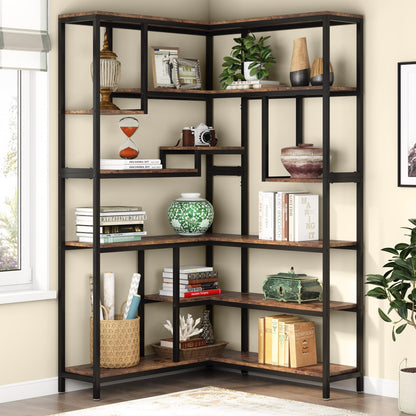 Tribesigns Rustic Brown 6-Tier Corner Bookshelf with Metal Frame - WoodArtSupply