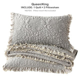 HORIMOTE HOME Beige Ruffled Quilt Queen Size, Stone-Washed Microfiber Lightweight Crinkled Farmhouse Rustic Shabby Chic Bedding Set, 3 Pieces Reversible Bedspread with Pillow Shams for All Season HORIMOTE HOME