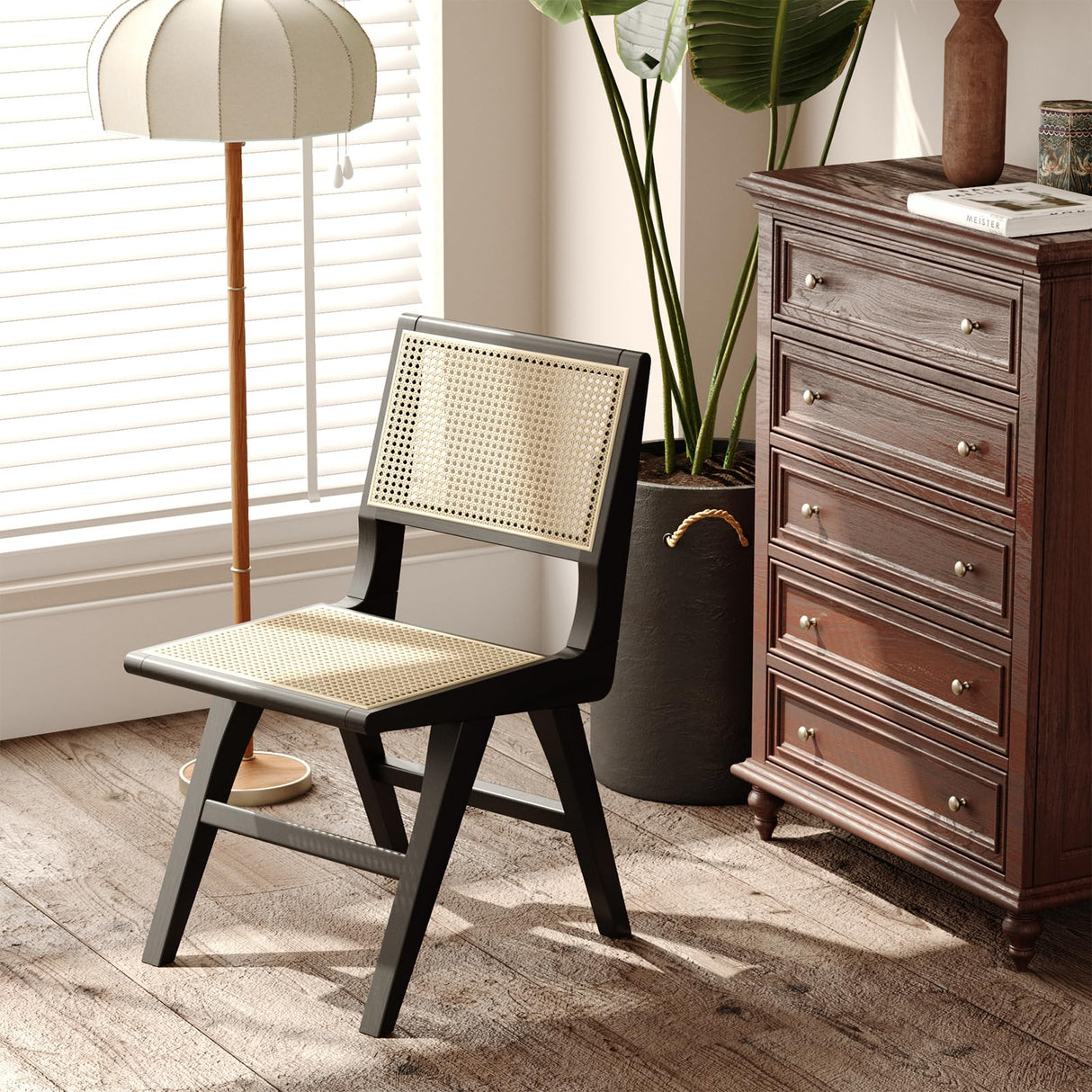 Accent Chair Dining Chairs Set of 2, Solid Wood Frame Boho Rattan Chair, Mid Century Modern Accent Chairs for Living Room Bedroom Dining Room Kitchen(Black) generic