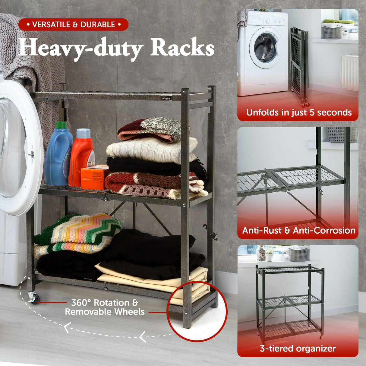 Origami 3 Tier Folding Shelves, Storage Shelving Rack Unit With Wheels, Pewter Origami