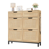 Jocoevol Rattan Shoe Cabinet Storage for Entryway - Hidden Shoes Storage with 4 Flip Drawers, Narrow Shoe Organizer Cabinet for Hallway, Foyer (Brown) Jocoevol