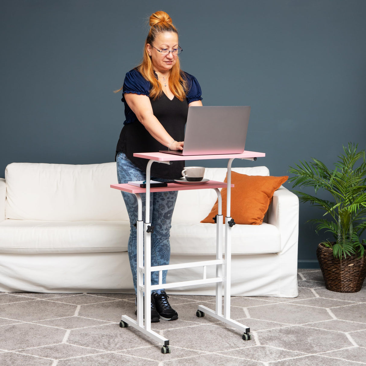 Mind Reader Standing Desk, Adjustable Height, Computer Desk, Laptop Desk, Portable, Rolling, 15" L x 22" W x 39" H, Pink Mind Reader