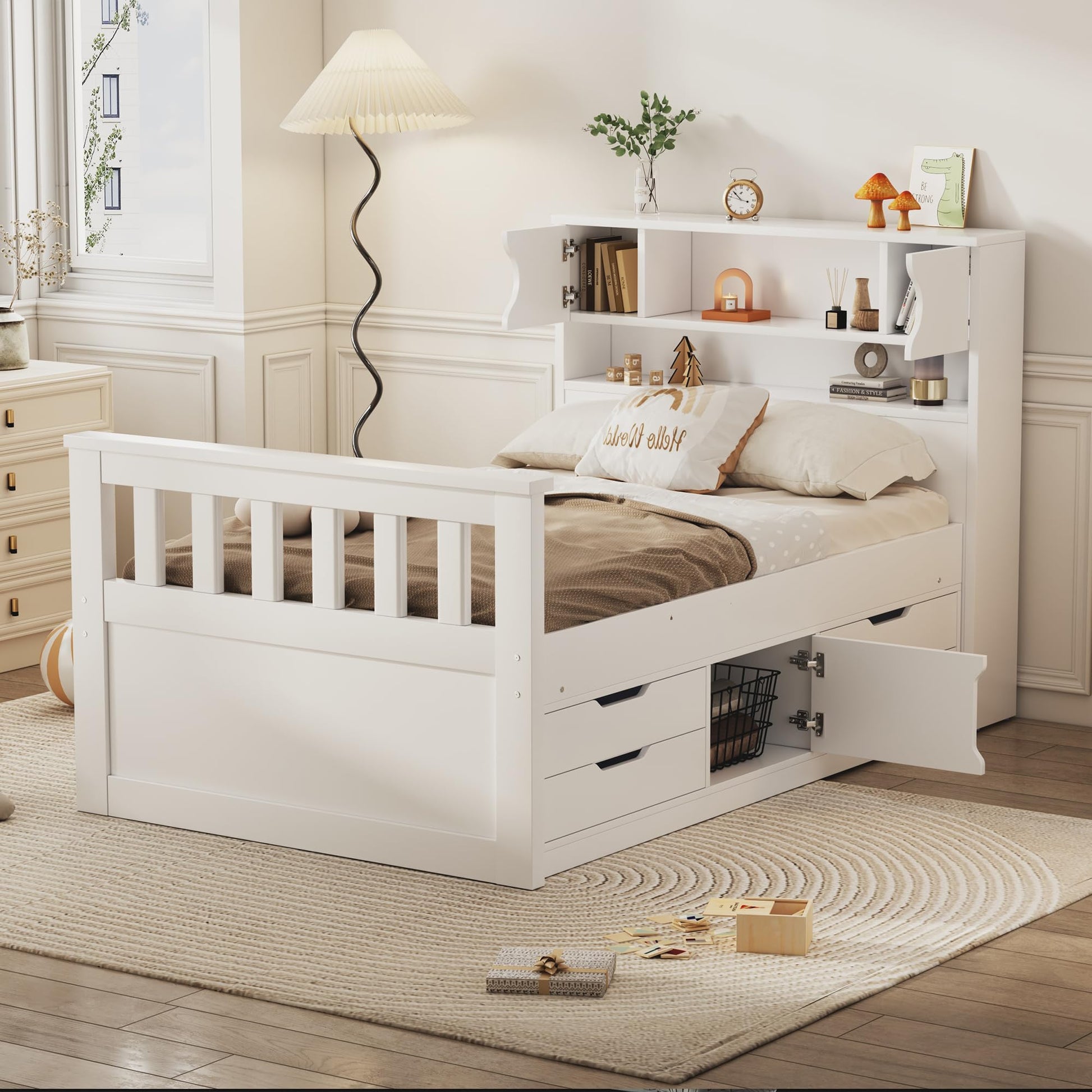 Modern Twin Size Captain Bed with Storage Headboard and 4 Drawers in White by XD Designs - WoodArtSupply