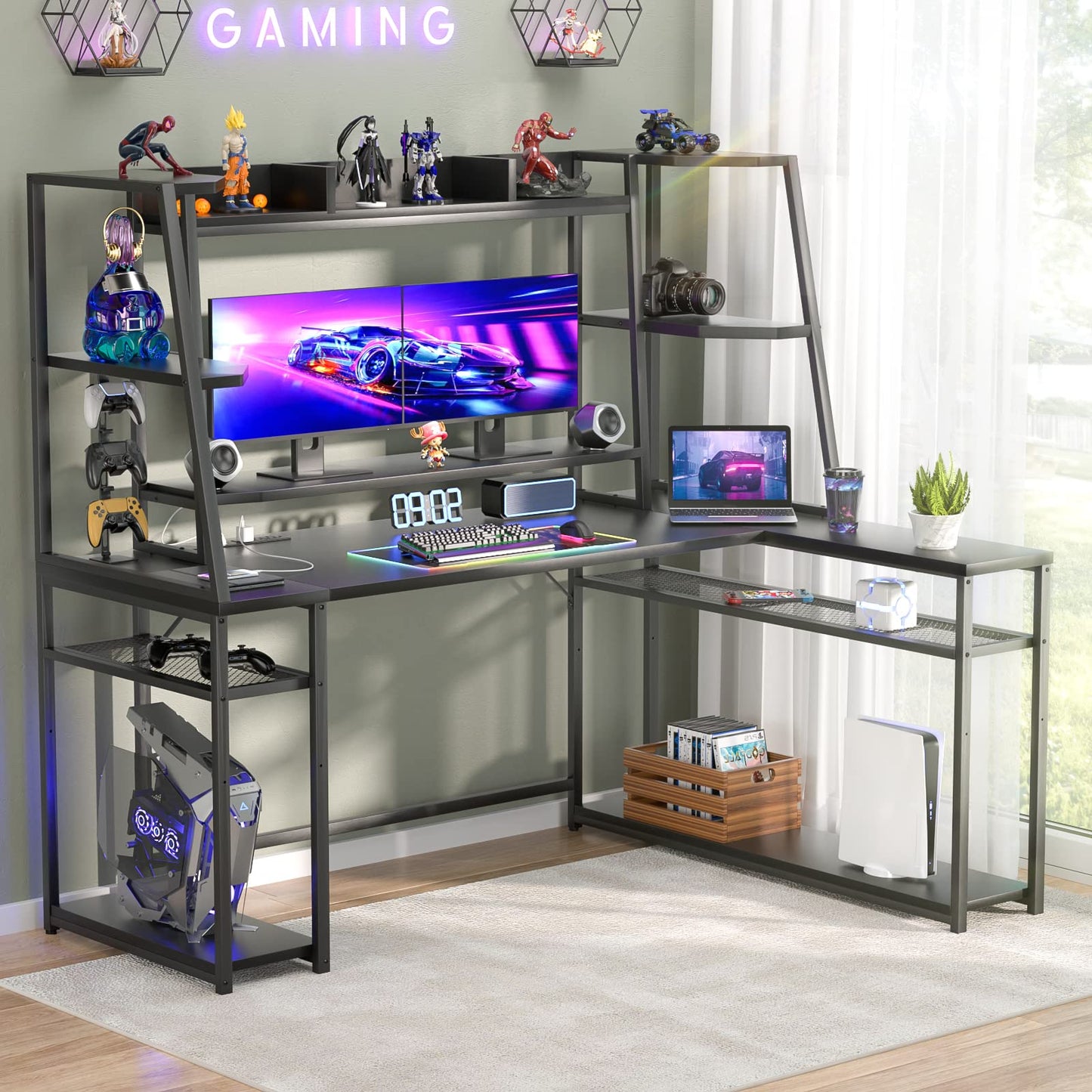 armocity 63'' L Shaped Gaming Desk with LED Lights & Power Strips, Reversible Gaming Table Desk with Hutch, L-Shaped PC Gaming Desk with Storage Shelves, L Desk for Gaming with Monitor Stand, Black