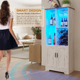 Kasibie Wine Cabinet, Wine Bar Cabinet with LED Lights, Liquor Cabinet with Glass Holder Wine Rack, Farmhouse Modern Liquor Cabinet with Storage for Home (Wood White) Kasibie