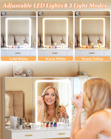 Makeup Vanity Desk with Lights, 47.2" Vanity Desk with 11 Storage Drawers and Hidden Storage Shelves, White Vanity with Charging Stations & 3 LED Lighting Modes Adjustable, for Bedroom HUAHUU